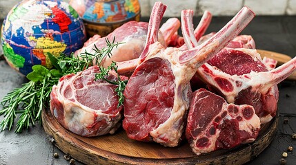 meat processing facility, blended with an image of global markets, representing the reach of meat exports. | [Export products]:[Meat] 