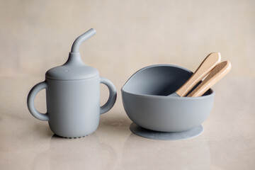 Silicone baby tableware set in gray, the first soft cup for toddlers. Baby eating utensils....