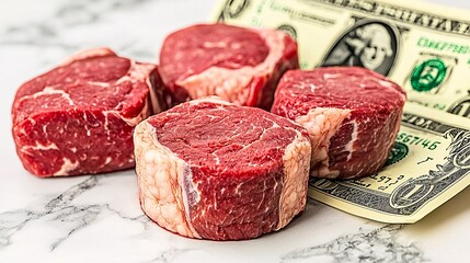 of meat cuts, integrated with an image of foreign currency, emphasizing trade revenue. | [Export products]:[Meat] 