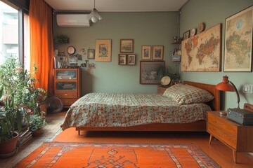 Cozy bedroom with retro bedding, wooden furniture, and a warm vintage lamp lightening up the space