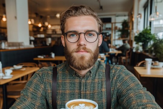 A hipster man with a long beard and styled hair, wearing round glasses, a plaid shirt, and suspenders, sipping coffee in an industrial-style cafÃ©