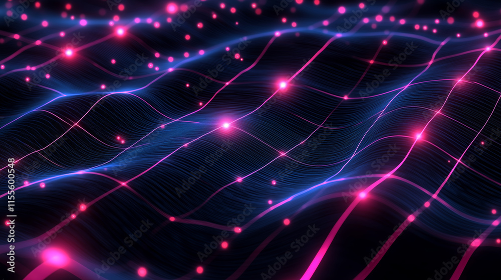 Poster colorful glowing waves with particles creating a vibrant abstract pattern in a dark setting