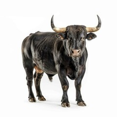 Powerful black bull standing against a white background, showcasing its muscular build and impressive horns