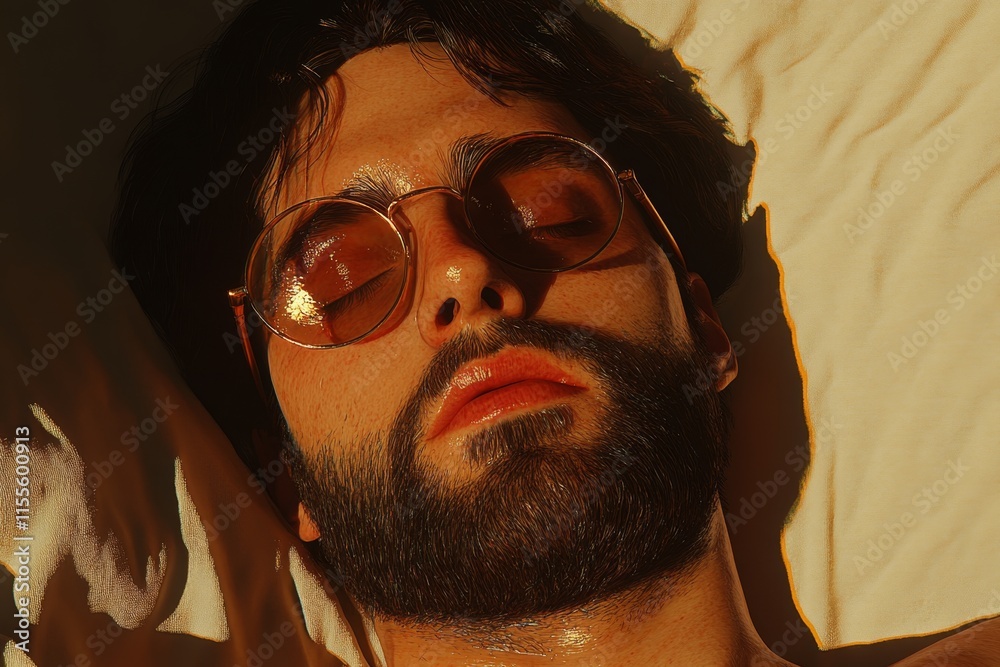 Poster a hyper-realistic close-up of a hipster face with a perfectly groomed beard and reflective round gla