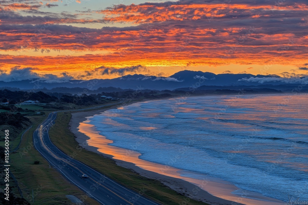 Poster a hyper-realistic image of a coastal highway at sunrise, with the ocean waves reflecting the golden 