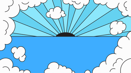 A bright and radiant sunrise over a calm ocean with fluffy clouds cartoonish aesthetics make it suitable for inspirational and travel-related project