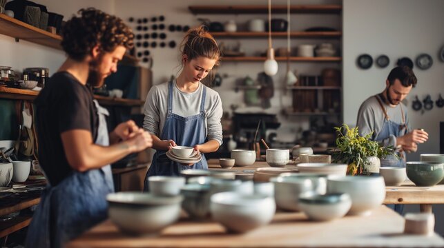 In a lively workshop space filled with earthy textures and natural light, coworkers are focused on shaping pottery, exchanging ideas and techniques while enjoying the creative process of ceramics