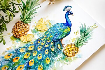 Fototapeta premium Watercolor Painting of a Peacock with Pineapples and Lemons