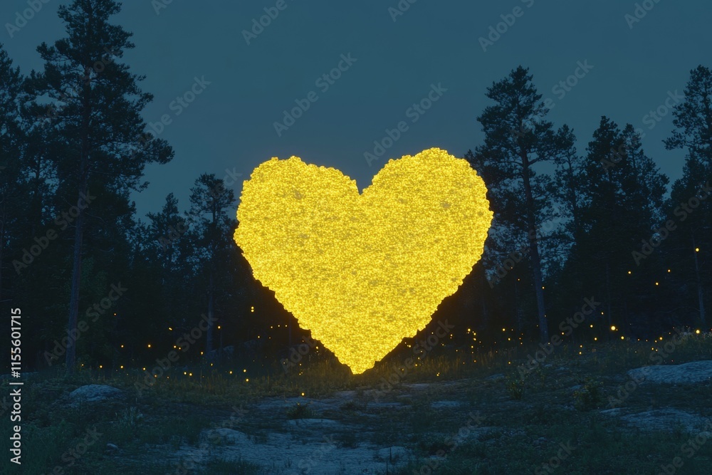 Poster a magical glowing valentine heart made of golden light, floating in a moonlit forest surrounded by t