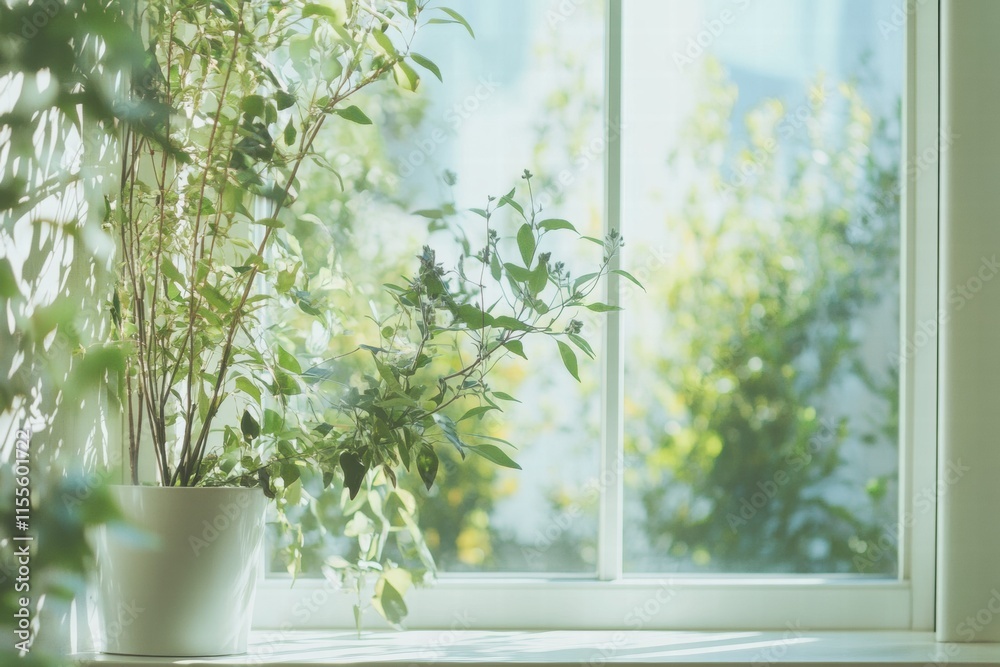Poster bright garden visible through a window with greenery enhancing the indoor atmosphere during a sunny 