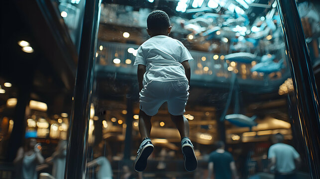 A young boy joyfully leaps, viewed from behind, within a modern, glass-encased interior space, a vibrant urban environment blurred in the background.