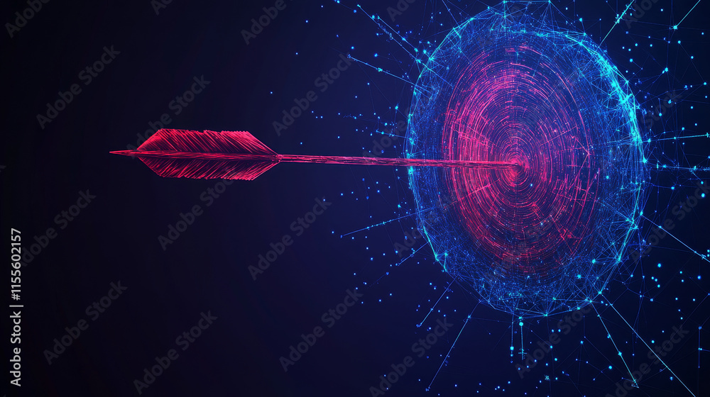 Poster hologram arrow and the target. an arrow and a target made of polygons, triangles of points, and line