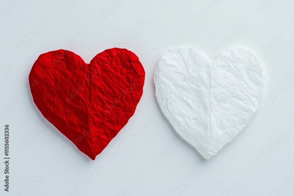 Poster a minimalist flat design of two overlapping valentine hearts in vibrant red and white, creating a st
