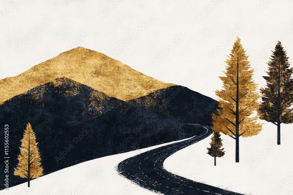 Poster a minimalist illustration of a highway disappearing into the horizon, with simple clean lines and mu