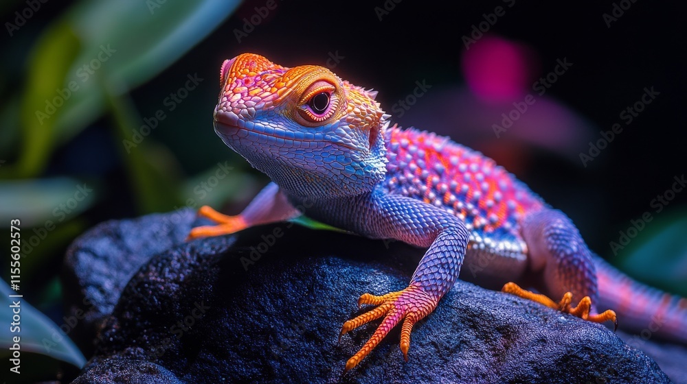 Poster Vibrant spotted lizard basking on a rock in a colorful habitat