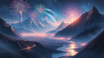 Fireworks in the night sky over the mountain and the river.