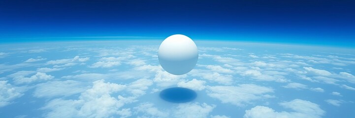 Round spherical object floating serenely in the middle of a sky filled with fluffy white clouds, peaceful, ethereal