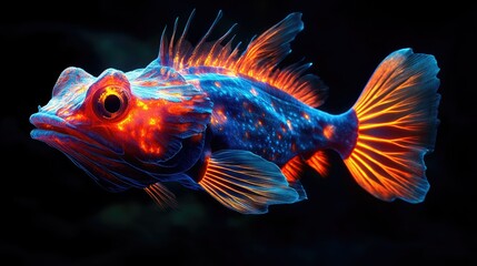 Fototapeta premium Fiery orange and blue fish, dark background.
