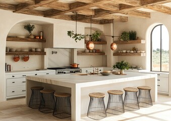 Cozy country kitchen features a seating island, open shelves with copper pots, and a bright window view