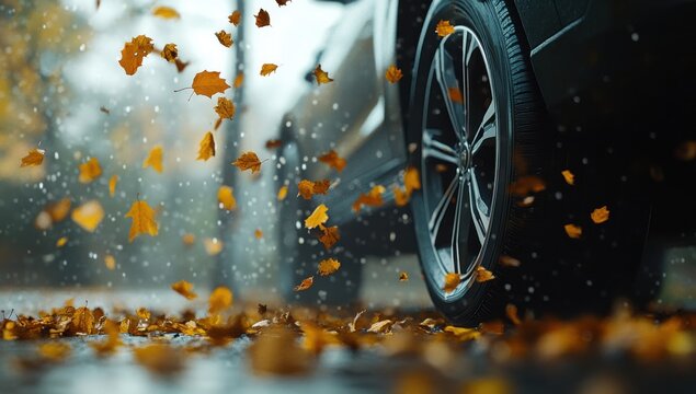 Close-Up of Car Wheel Surrounded by Falling Autumn Leaves on Rainy Day, Capturing Nature and Motion in Urban Environment