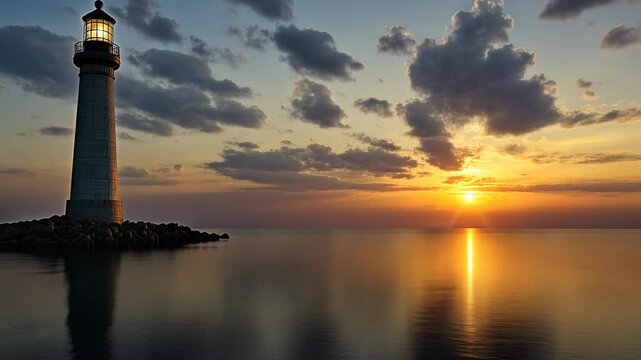 Lighthouse by the sea at sunset with dramatic sky, tranquil waterscape concept