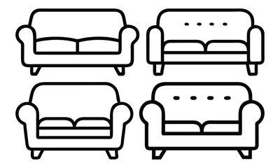 Minimalist Sofa Outline Icon Set, A collection of four sofa outline icons featuring clean, simple designs, perfect for furniture, home decor, and interior design projects.  
