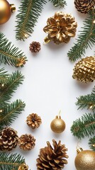 Festive Christmas flat lay composition with natural pine cones, golden baubles and fresh fir branches creating elegant holiday frame on white background, copy space.