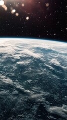A stunning view of Earth from space highlights our planet's natural beauty, with a space horizon and sparkling stars setting the scene for cosmic wonder and exploration.