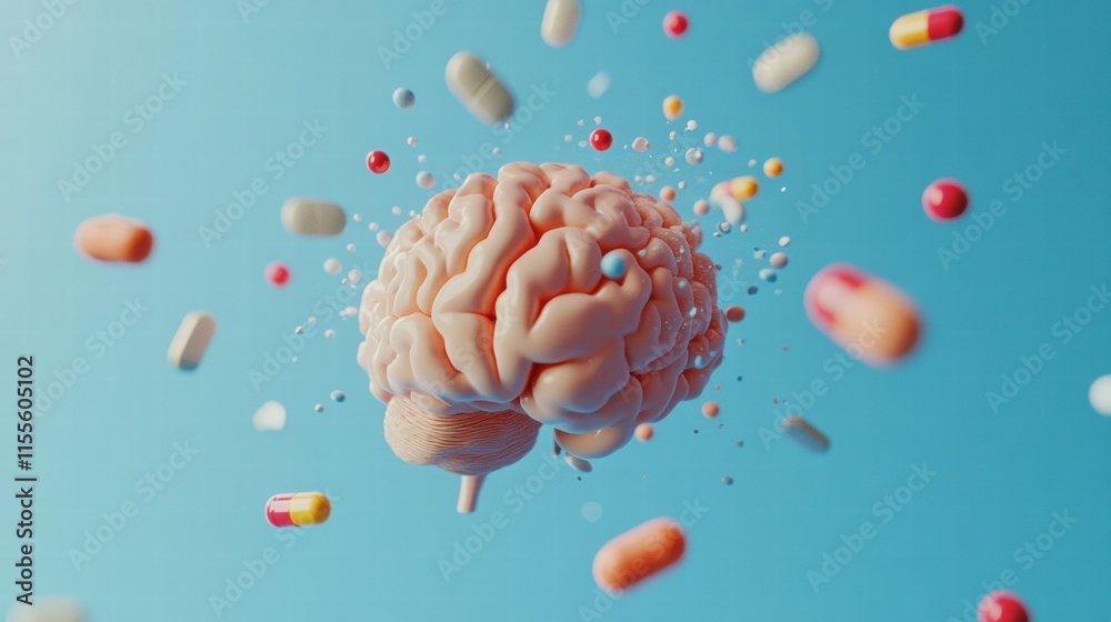 Poster 3d model of a human brain surrounded by various colorful pills illustrating health and wellness. gen