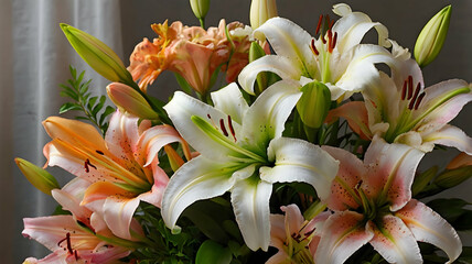 Obraz premium A Stunning Bouquet of Peach and White Lilies: A Close-Up View of Elegant Flowers