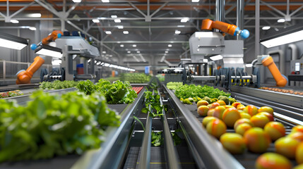bustling food processing factory with robotic assembly lines and fresh produce