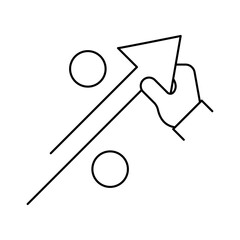 Hand holding an arrow percentage is growing. Action promotion and advertising mockup Isolated symbol sign used for: mobile, app, design, web, dev, ui, ux, gui. Vector outline icon on white. EPS 10.