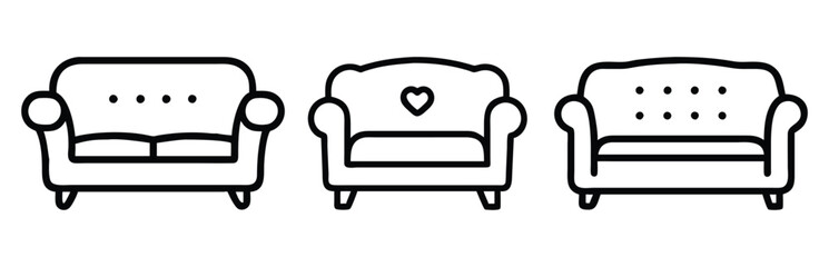 Minimalist Sofa Outline Icons with Decorative Patterns, A set of three sofa outline icons featuring minimalist designs with heart and button tufted details, perfect for furniture and home decor projec