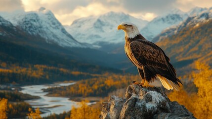 Majestic bald eagle perched on a rock with wings spread wide in a mountainous landscape