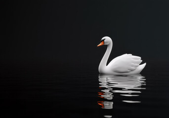 Pure white swan as a beacon of light and hope in a vast lake of darkness - isolated on black 3D cartoon
