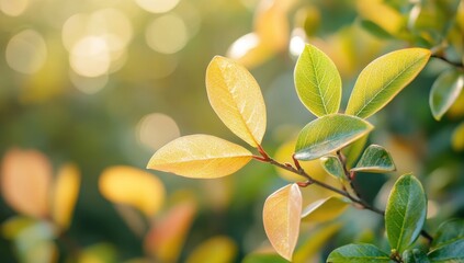 Close-Up View of Sunlit Green and Yellow Leaves on a Soft Focus Background, Perfect for Nature and Seasonal Themes in Photography Projects