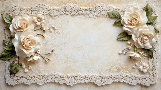 Elegant cream roses and lace border on textured background.