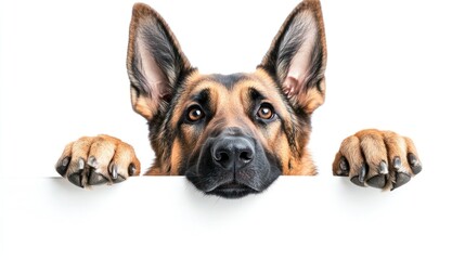 Obraz premium German Shepherd dog peeking over white banner.