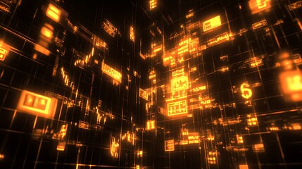 Abstract digital data stream with glowing orange symbols and lines.
