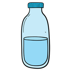 Hand drawn cartoon glass bottle of water on white background.