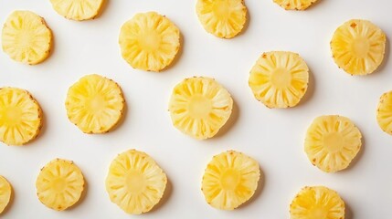 Flat lay of fresh pineapple slices on white background.