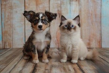 Adorable puppy and kitten sitting together on wooden background.