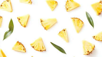 Naklejka premium Flat lay of pineapple slices and leaves on white background.