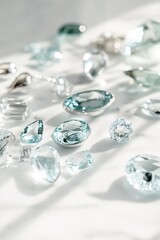 Sparkling blue gemstones scattered on a white surface, illuminated by sunlight.