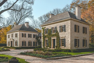 Fototapeta premium A charming stone farmhouse has ivy-covered walls and a cozy garden amidst vibrant autumn foliage