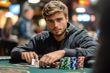 Young man focused on poker game in a vibrant casino setting at night