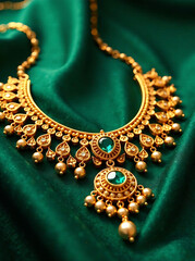 Elegant traditional gold jewelry with intricate designs and embedded gemstones on a green background. new image 