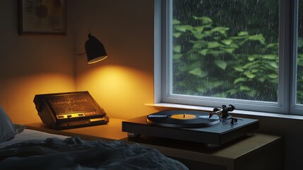 Cozy bedroom scene featuring a turntable by the window on a rainy day.