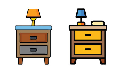 Colorful Nightstand with Lamp Vector Icons, A pair of colorful vector icons featuring nightstands with drawers, lamps, and decor, perfect for bedroom furniture and interior design projects.
