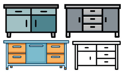 Stylish Drawer Cabinet and Sideboard Icons, A collection of four colorful drawer cabinet and sideboard vector icons, perfect for furniture, storage, and interior design projects.
